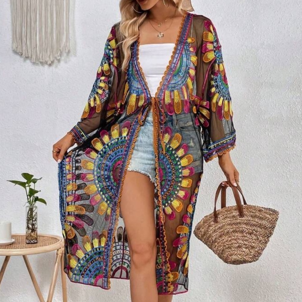 Black embroidered Swim sheer long kimono Coverup vacation beach island girl - Picture 3 of 4